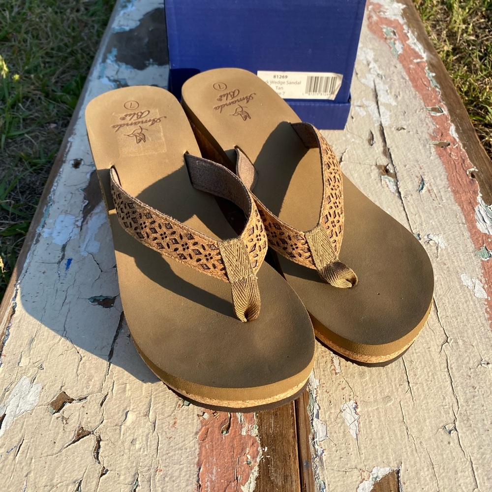 Women’s cork wedge sandals never worn in the box.